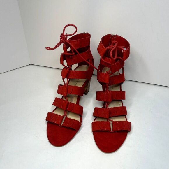 Marc Fisher Red Leather Suede Strappy Lace Heeled Sandals Zip Womens Designer - Picture 3 of 8
